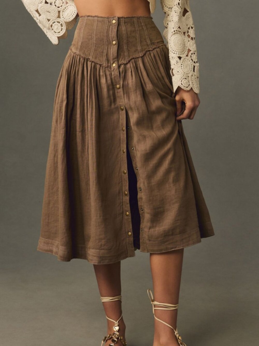 Anthropologie Sand Pleated Linen Yoke-Waist Midi Skirt Size 20W 57366
